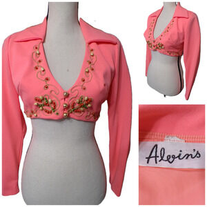 Vtg 70's Coral Bolero Jacket Cropped S Wood beads & rope Big Collar Gypsy Boho